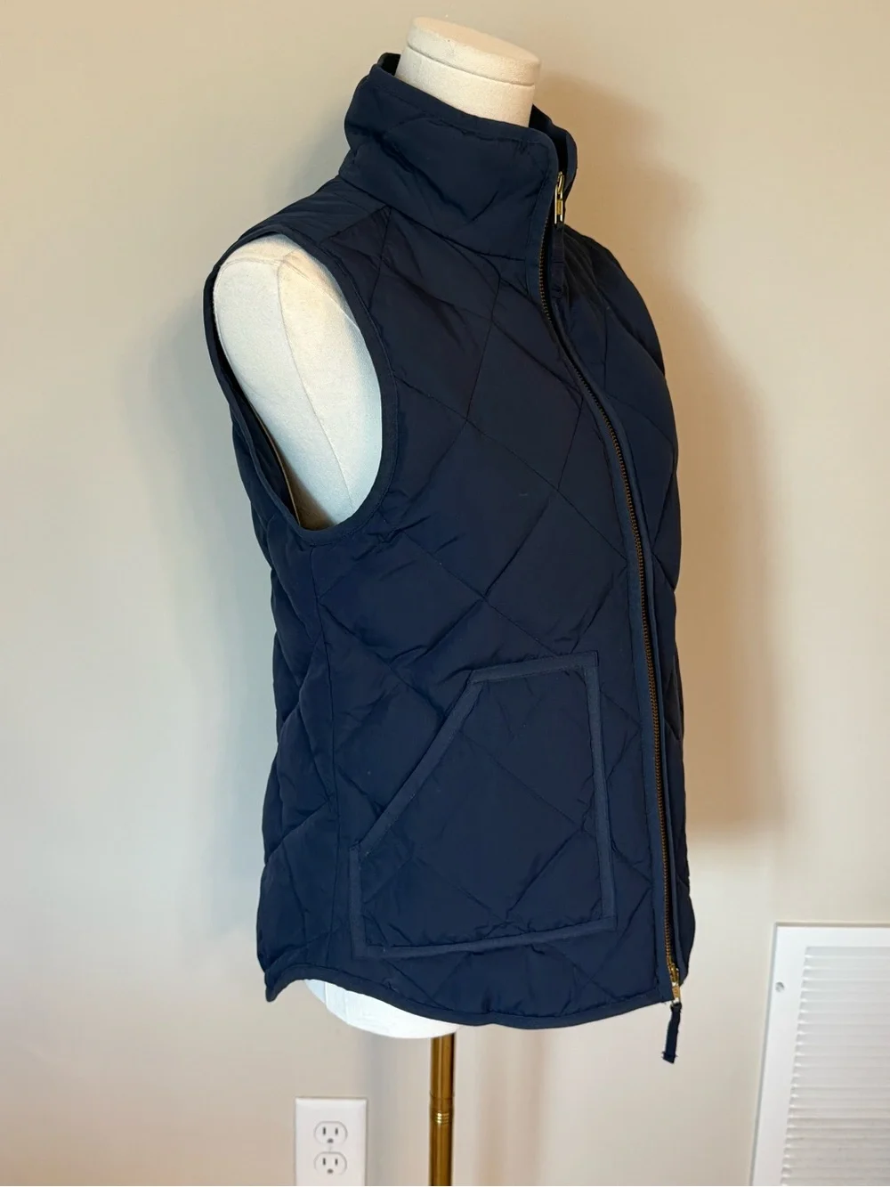 J. Crew XS Navy Blue Quilted Down Puffer Vest Gold Zip Preppy